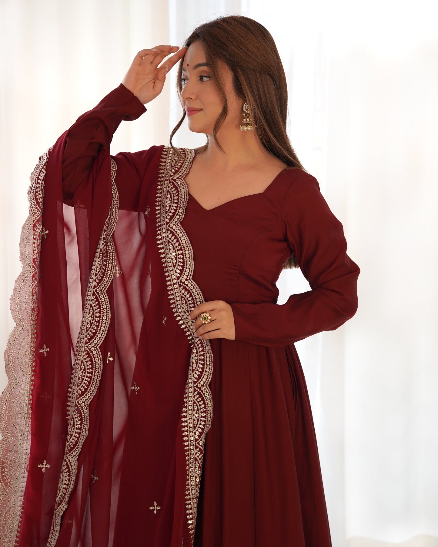 Maroon Pure Roman Silk Chanderi Anarkali Suit Set With Huge Flair, Dupatta & Pant