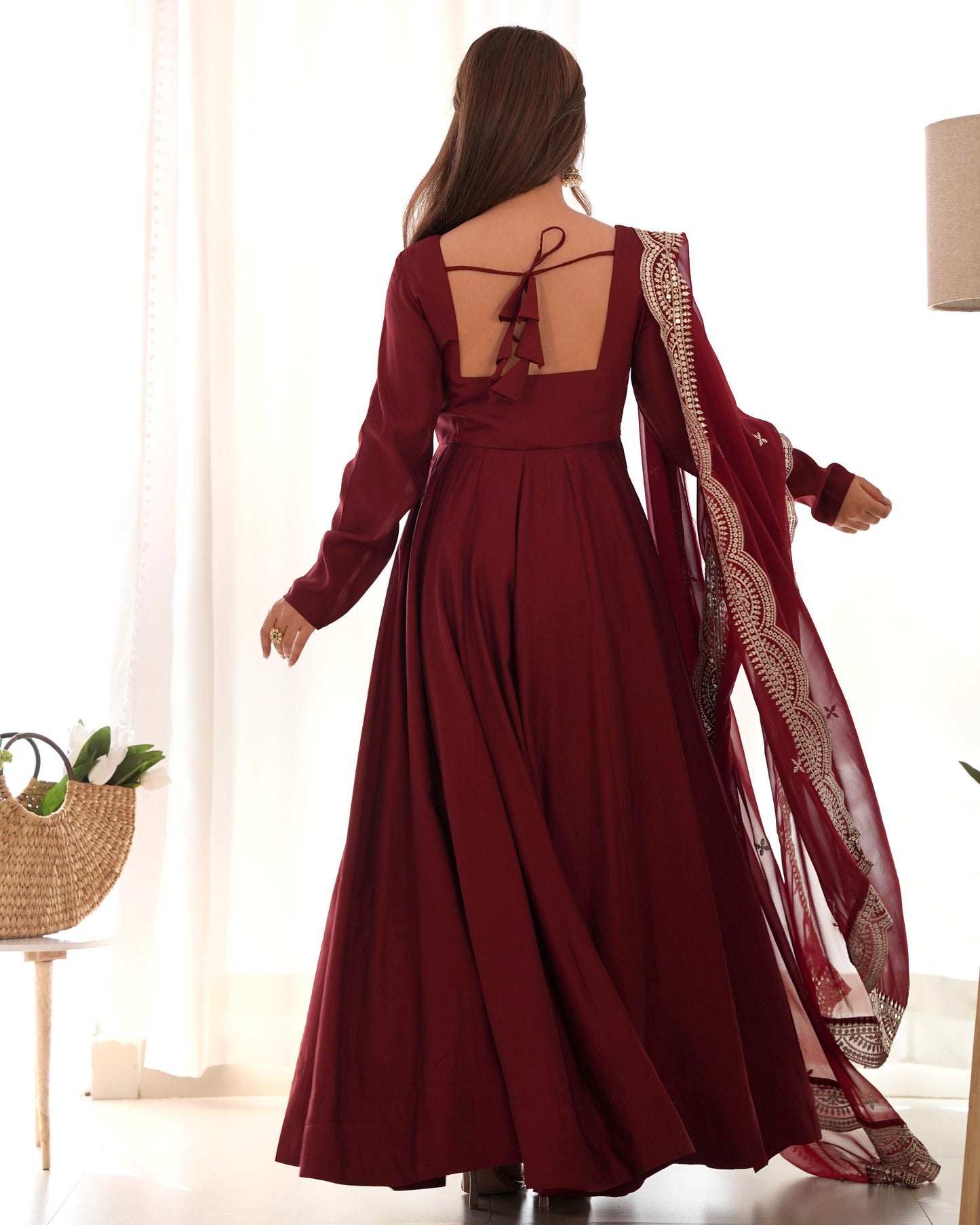 Maroon Pure Roman Silk Chanderi Anarkali Suit Set With Huge Flair, Dupatta & Pant