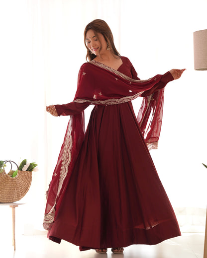 Maroon Pure Roman Silk Chanderi Anarkali Suit Set With Huge Flair, Dupatta & Pant