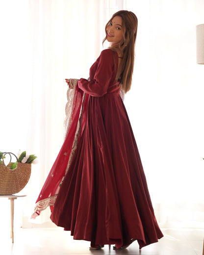 Maroon Pure Roman Silk Chanderi Anarkali Suit Set With Huge Flair, Dupatta & Pant