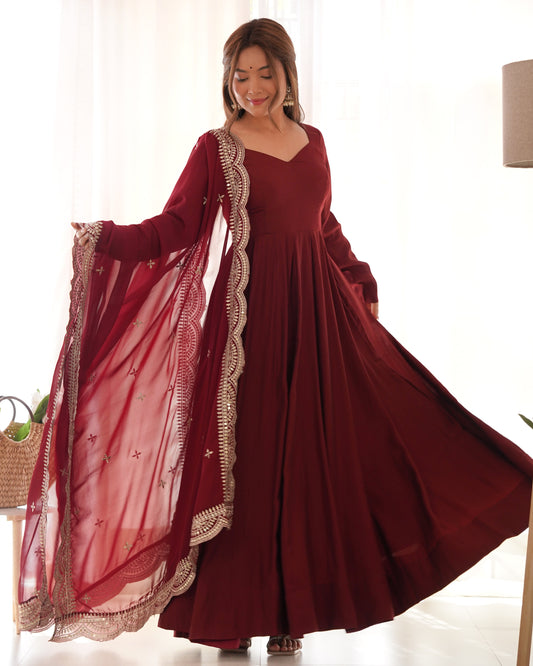 Maroon Pure Roman Silk Chanderi Anarkali Suit Set With Huge Flair, Dupatta & Pant