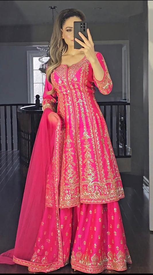 Stunning Pink Embroidered Plazzo Set – Perfect Festive Elegance