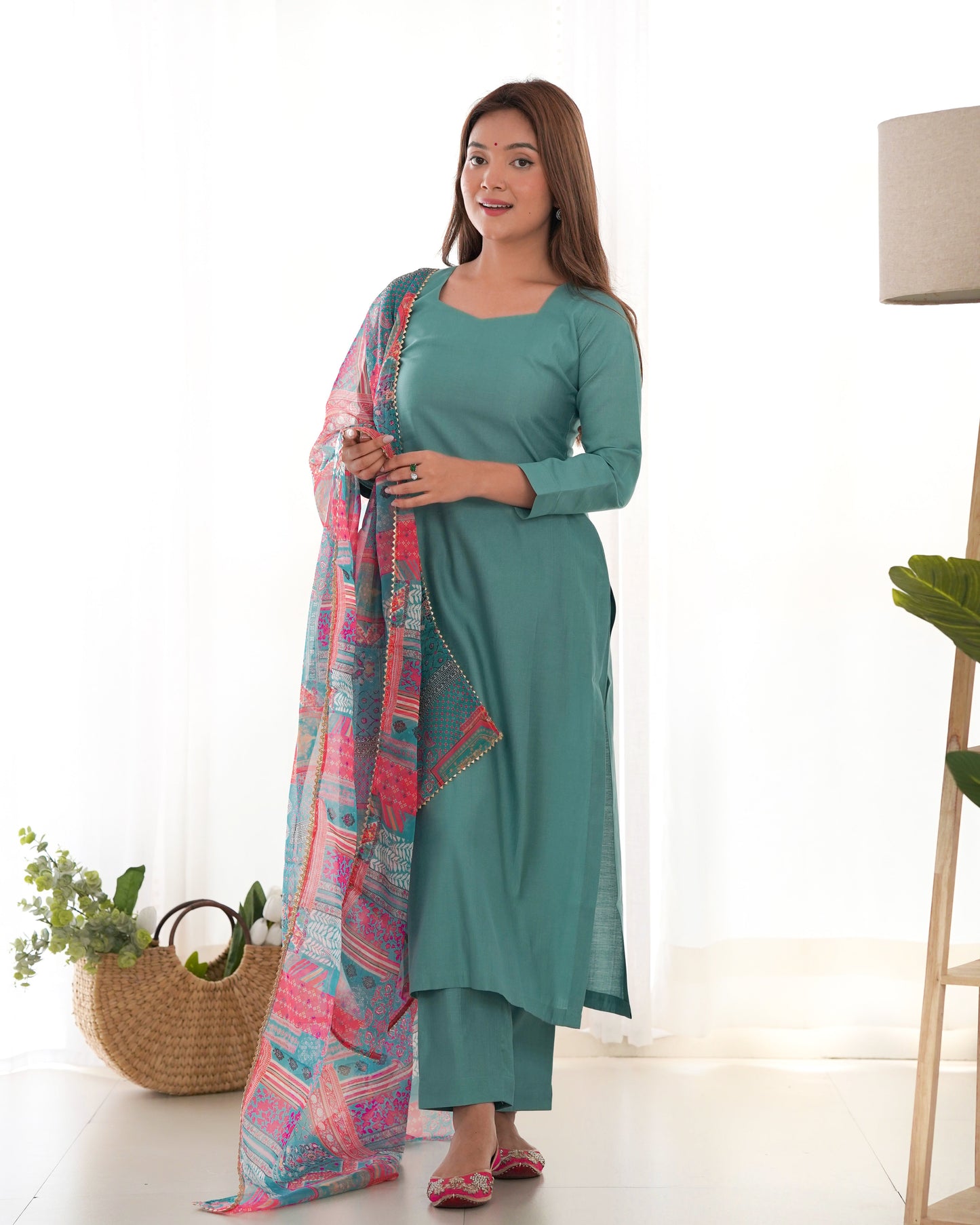 Sea Green Pure Soft Viscose Kurta Suit Set With Dupatta & Pant