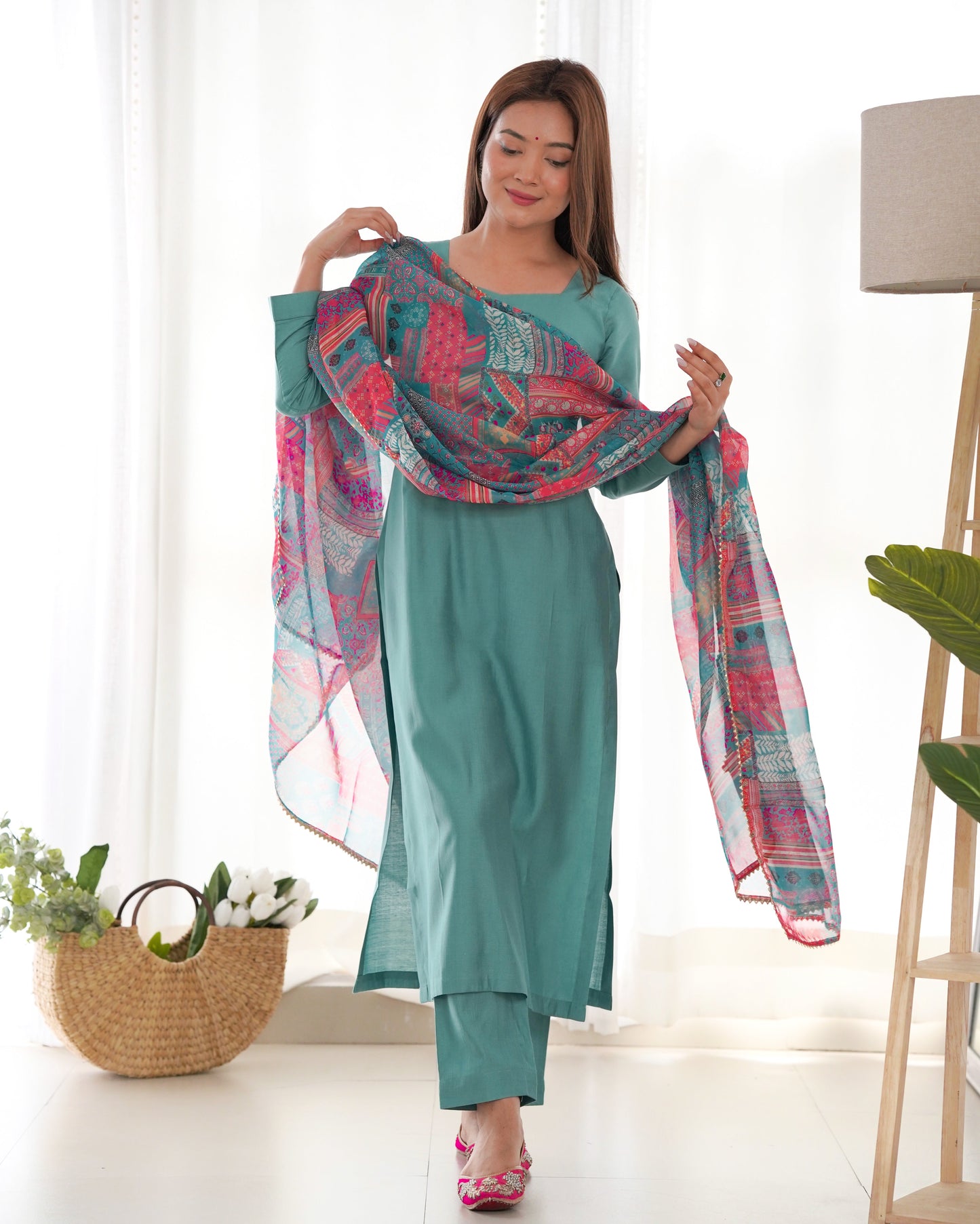 Sea Green Pure Soft Viscose Kurta Suit Set With Dupatta & Pant