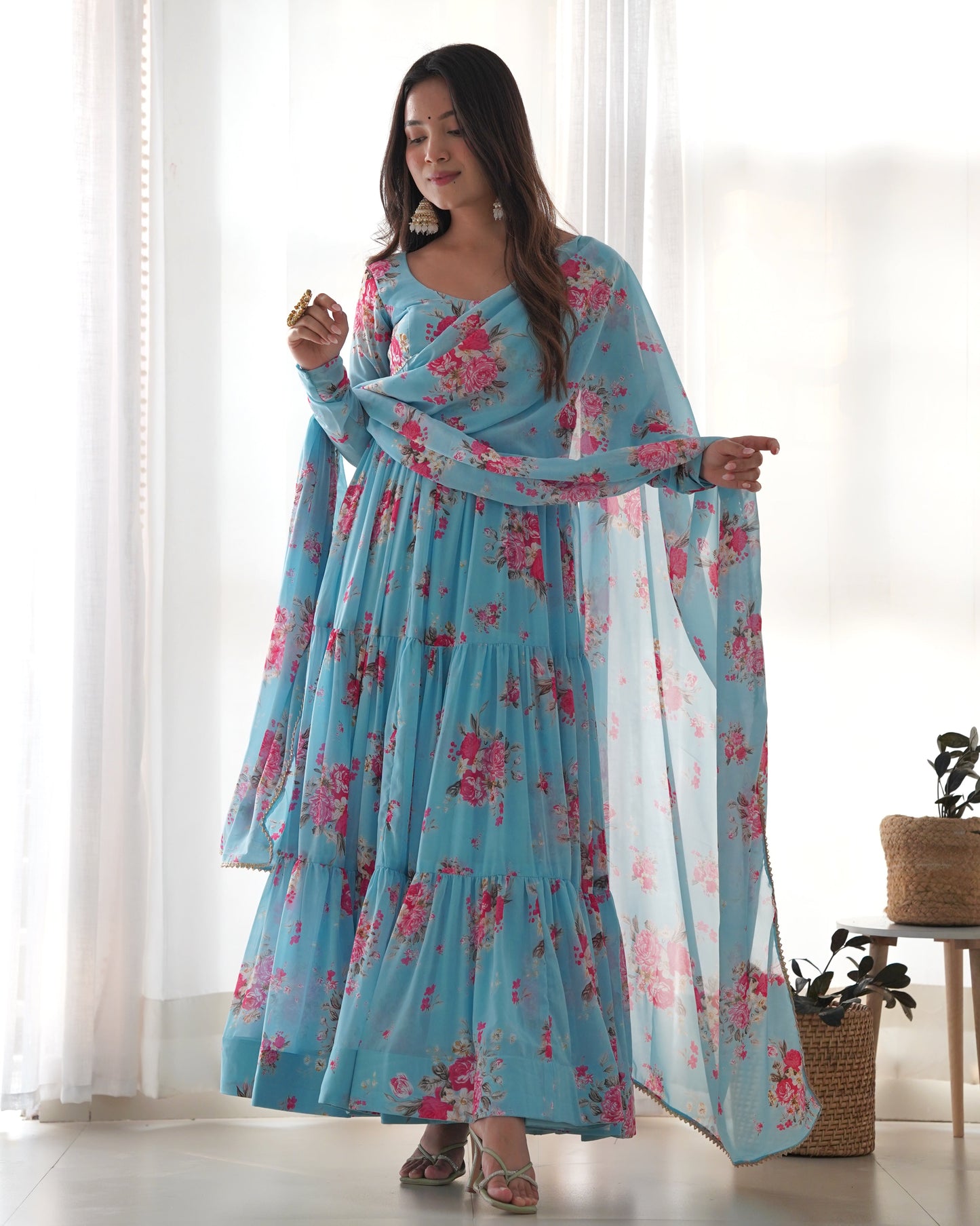 Sky Blue Pure Soft Fox Georgette Anarkali Suit Set With Huge Flair, Dupatta & Pant