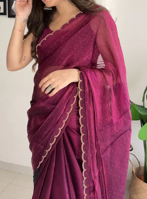 Jiya Jimichu Burburry Saree with Jharkhand Stone And Cut Work Border