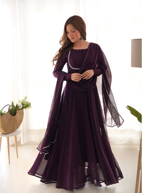 Wine Pure Soft Fox Georgette Anarkali Suit Set With Huge Flair, Dupatta & Pant