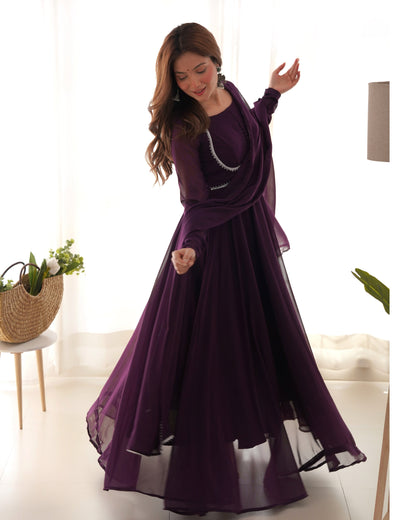 Wine Pure Soft Fox Georgette Anarkali Suit Set With Huge Flair, Dupatta & Pant