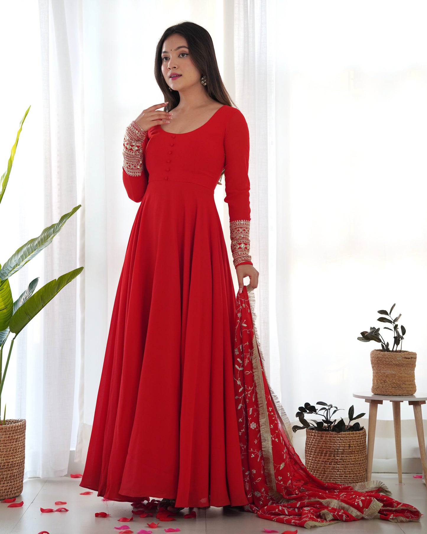 Red Pure Soft Fox Georgette Anarkali Suit Set With Huge Flair, Dupatta & Pant