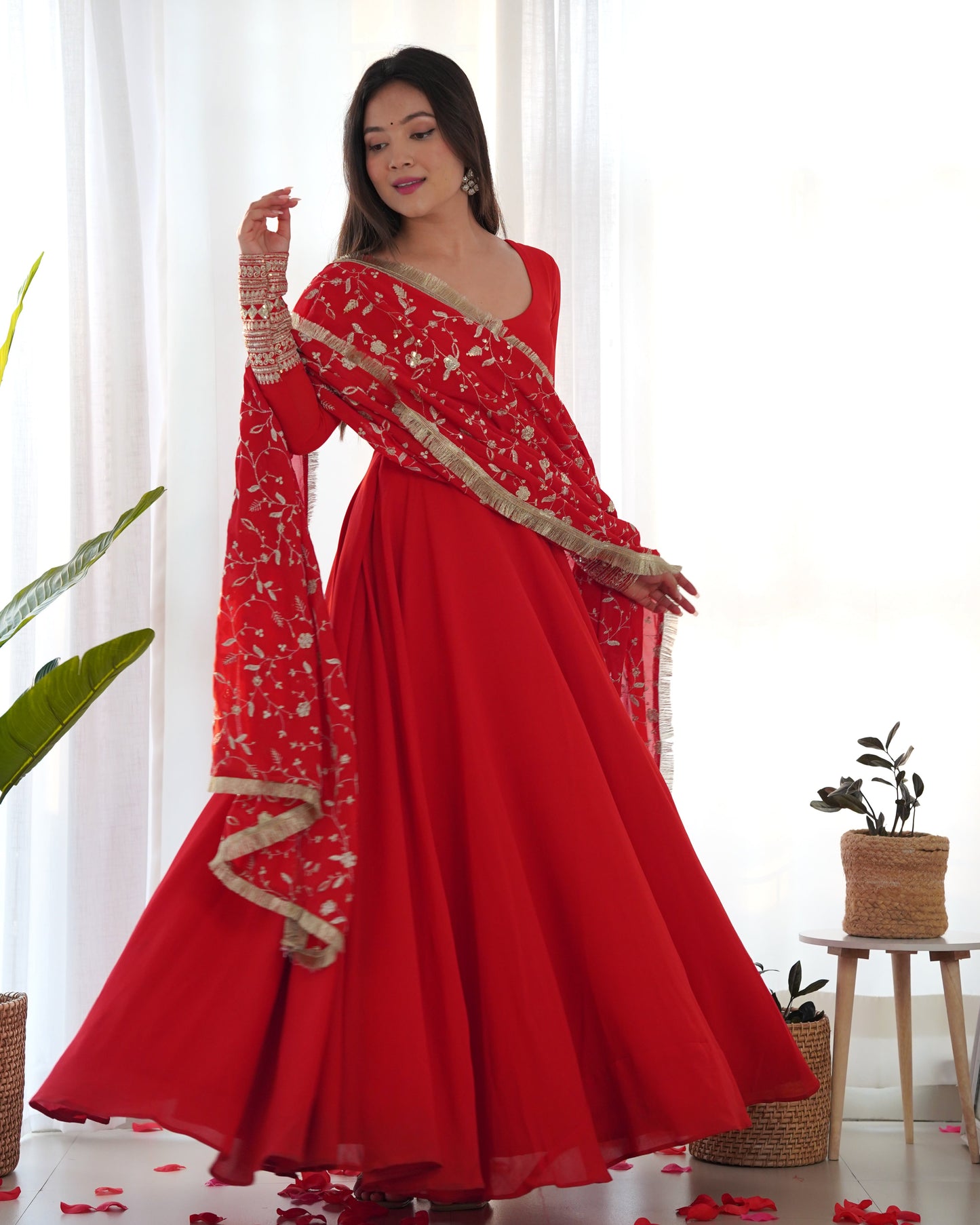 Red Pure Soft Fox Georgette Anarkali Suit Set With Huge Flair, Dupatta & Pant