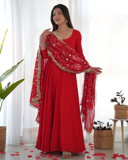 Red Pure Soft Fox Georgette Anarkali Suit Set With Huge Flair, Dupatta & Pant