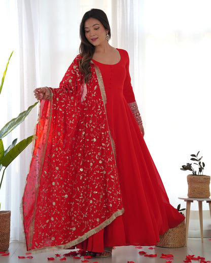 Red Pure Soft Fox Georgette Anarkali Suit Set With Huge Flair, Dupatta & Pant