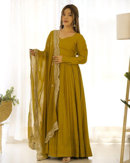 Mustard Pure Roman Silk Chanderi Anarkali Suit Set With Huge Flair, Dupatta & Pant