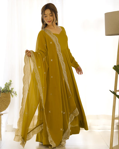 Mustard Pure Roman Silk Chanderi Anarkali Suit Set With Huge Flair, Dupatta & Pant