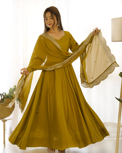 Mustard Pure Roman Silk Chanderi Anarkali Suit Set With Huge Flair, Dupatta & Pant