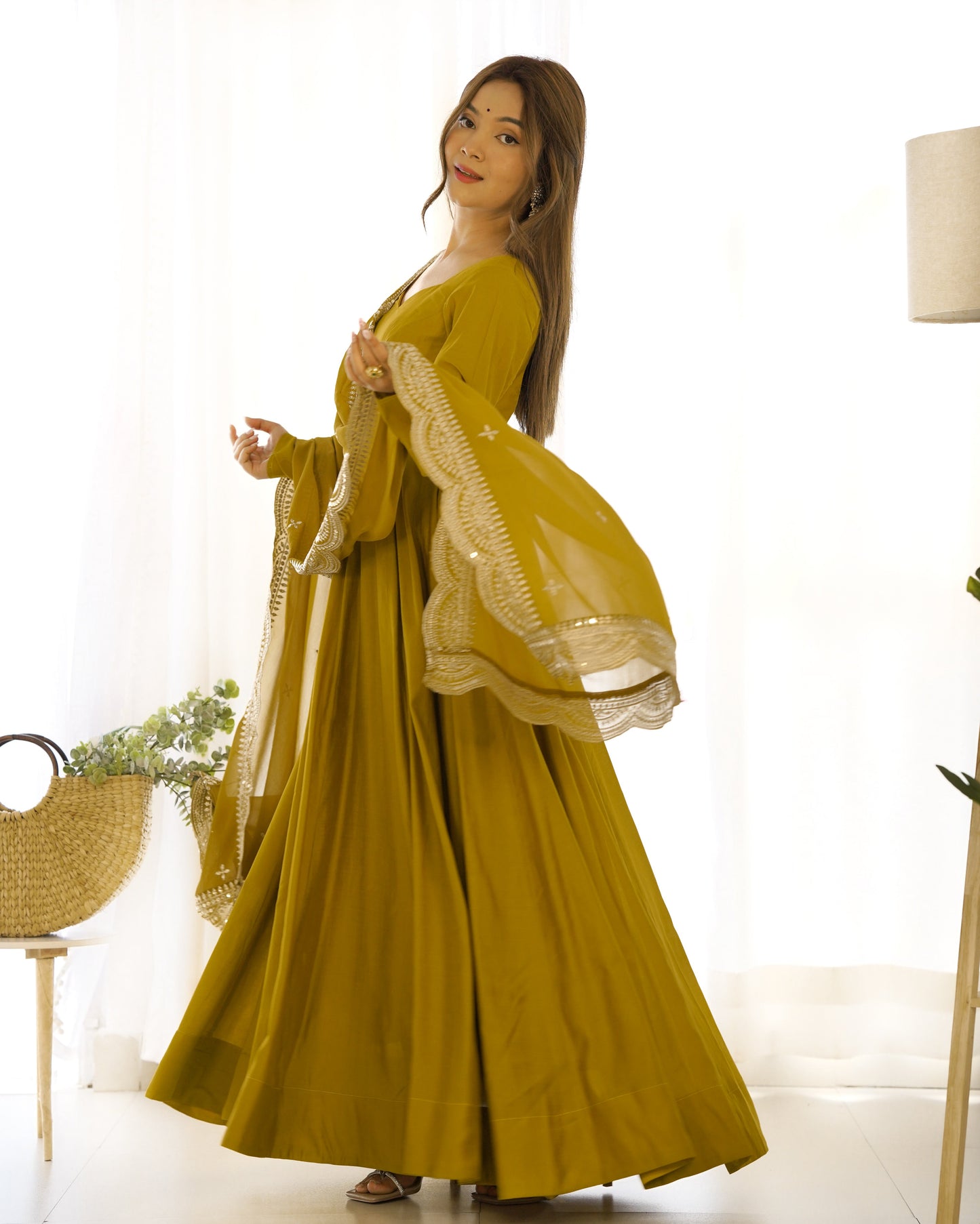 Mustard Pure Roman Silk Chanderi Anarkali Suit Set With Huge Flair, Dupatta & Pant