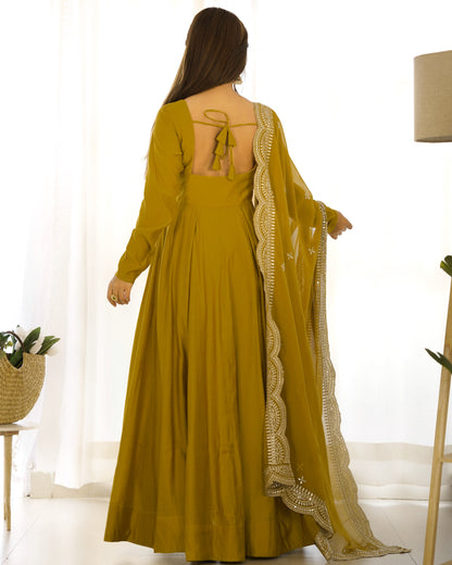 Mustard Pure Roman Silk Chanderi Anarkali Suit Set With Huge Flair, Dupatta & Pant