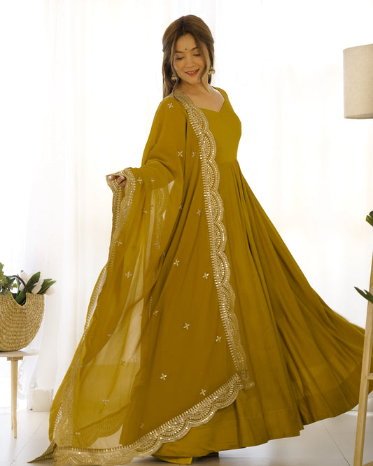 Mustard Pure Roman Silk Chanderi Anarkali Suit Set With Huge Flair, Dupatta & Pant