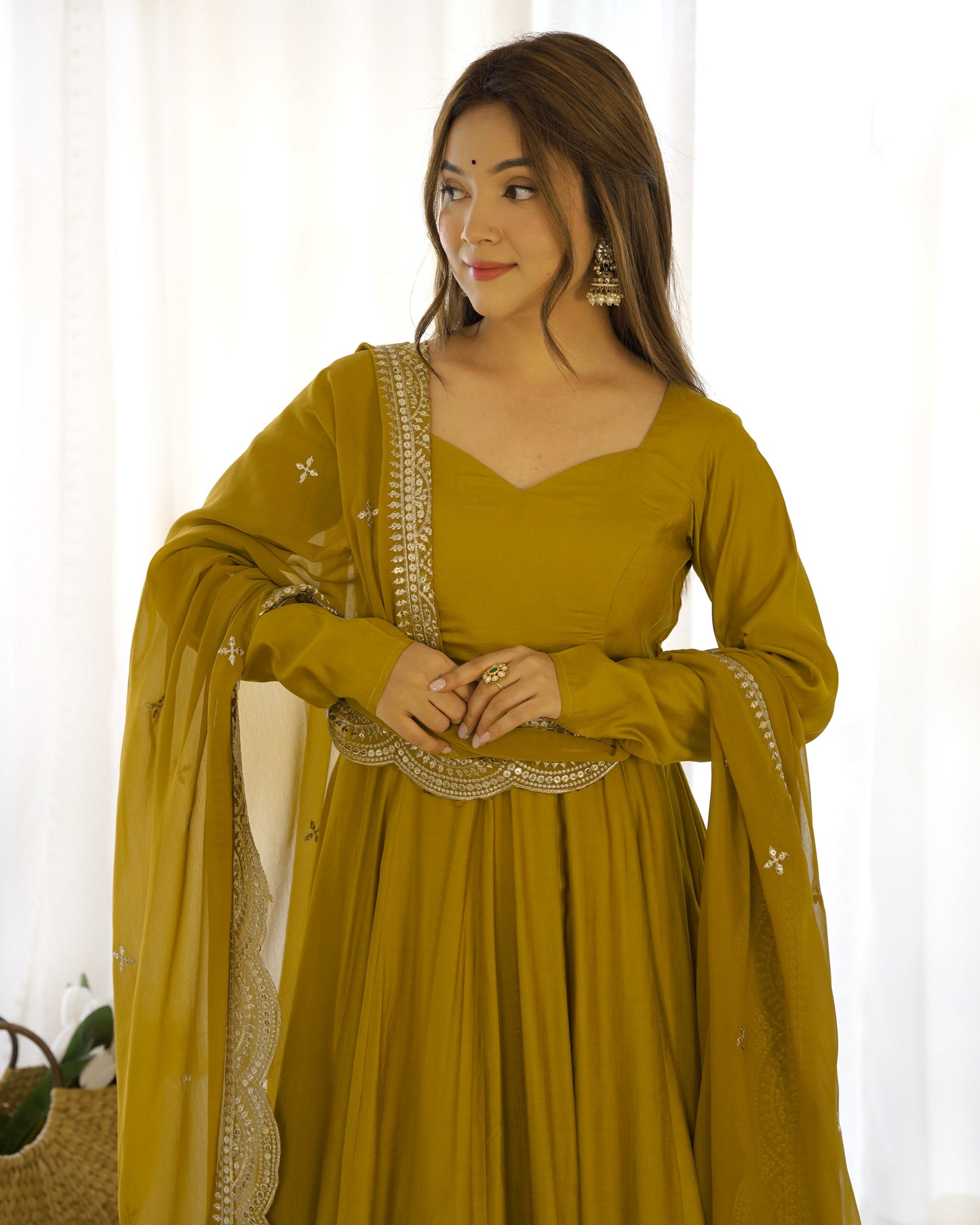 Mustard Pure Roman Silk Chanderi Anarkali Suit Set With Huge Flair, Dupatta & Pant