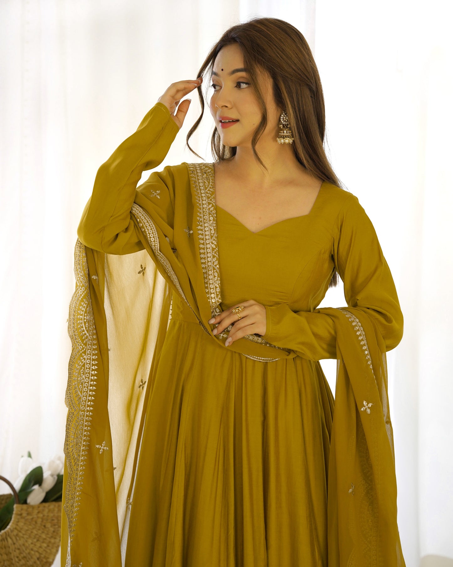 Mustard Pure Roman Silk Chanderi Anarkali Suit Set With Huge Flair, Dupatta & Pant