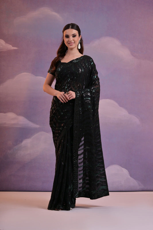 Black Color  Soft Georgette Sequins Saree