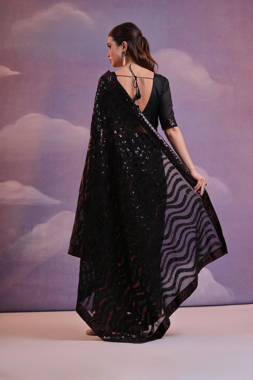 Black Color  Soft Georgette Sequins Saree