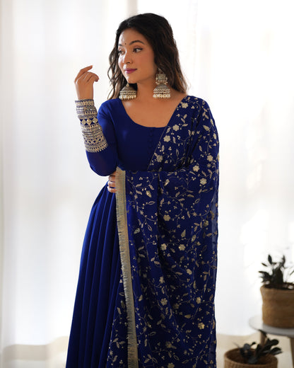 Royal Blue Pure Soft Fox Georgette Anarkali Suit Set With Huge Flair, Dupatta & Pant