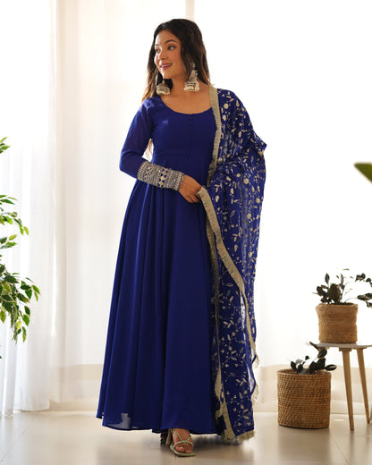 Royal Blue Pure Soft Fox Georgette Anarkali Suit Set With Huge Flair, Dupatta & Pant