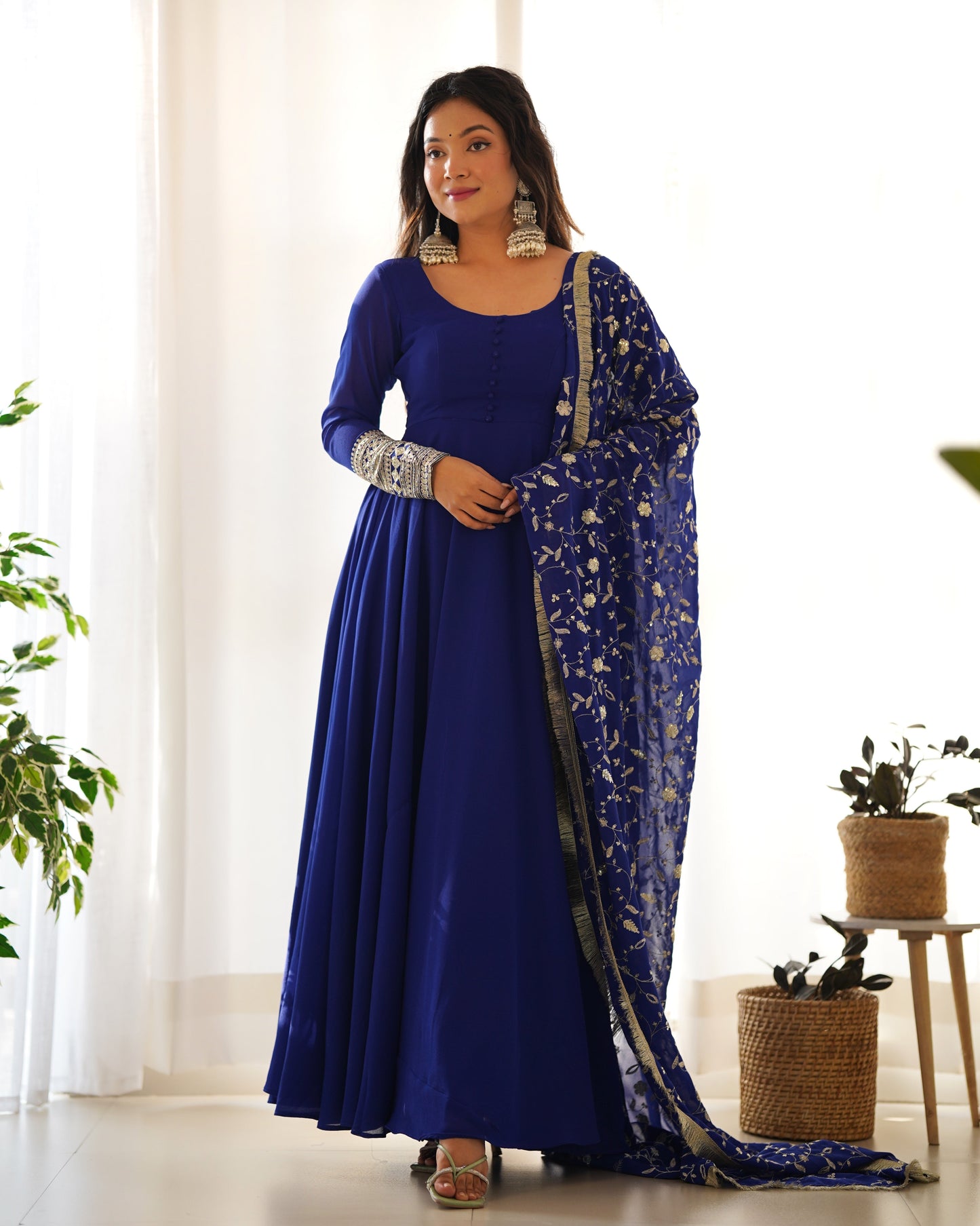 Royal Blue Pure Soft Fox Georgette Anarkali Suit Set With Huge Flair, Dupatta & Pant