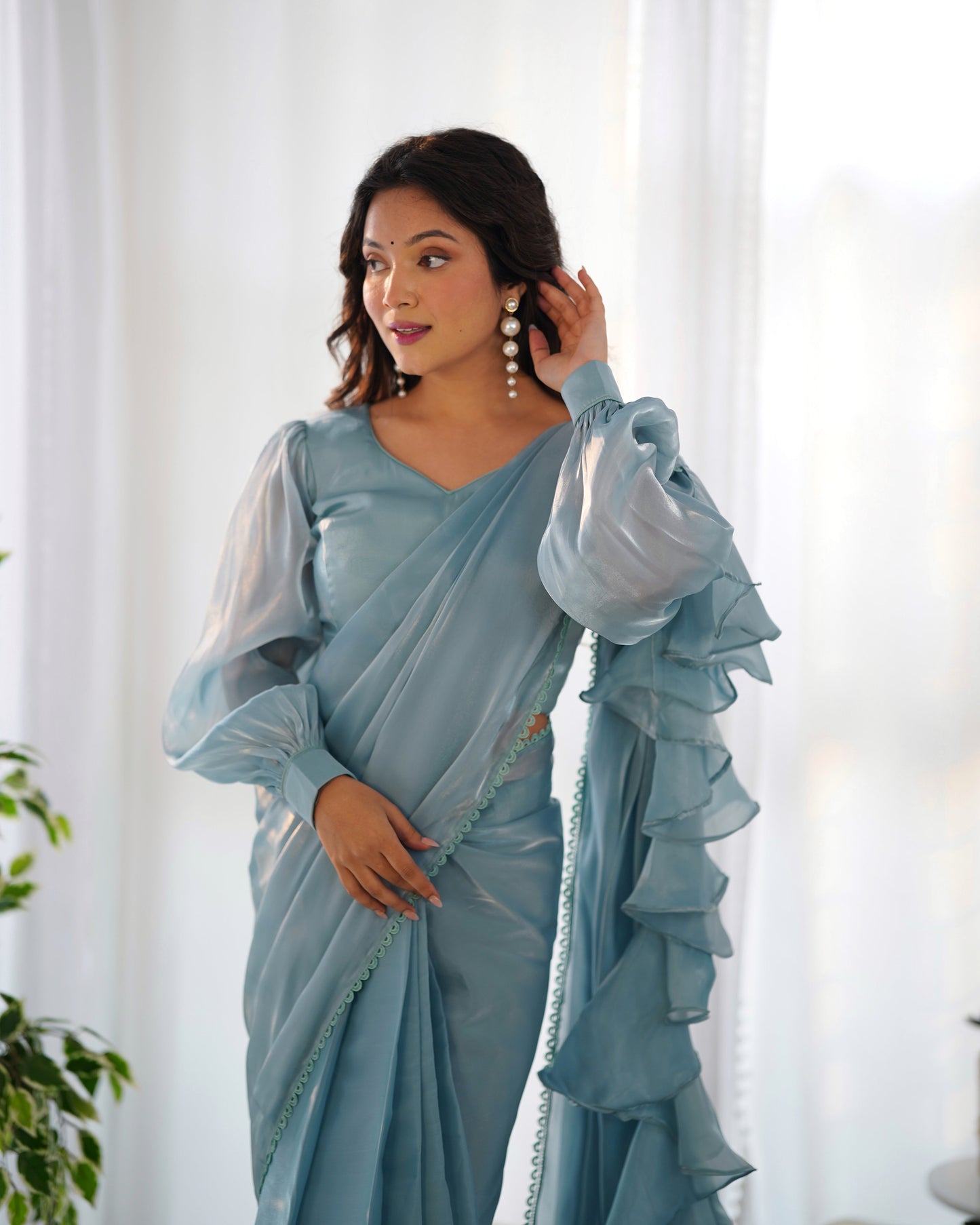 Ice Grey Ready-To-Wear Jimmy Choo Organza Saree With Ruffle