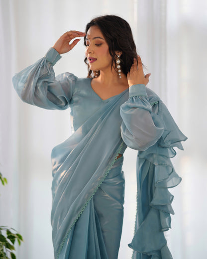 Ice Grey Ready-To-Wear Jimmy Choo Organza Saree With Ruffle