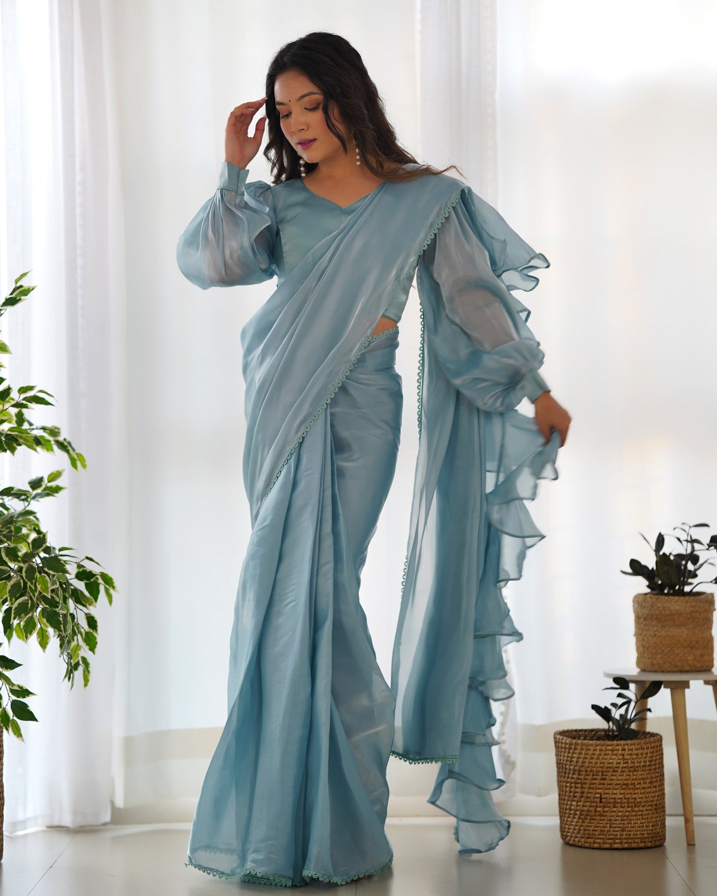 Ice Grey Ready-To-Wear Jimmy Choo Organza Saree With Ruffle