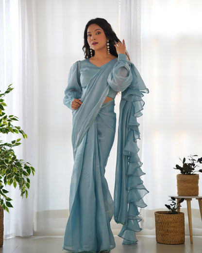 Ice Grey Ready-To-Wear Jimmy Choo Organza Saree With Ruffle