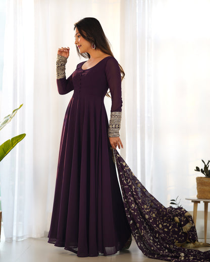 Wine Pure Soft Fox Georgette Anarkali Suit Set With Huge Flair, Dupatta & Pant