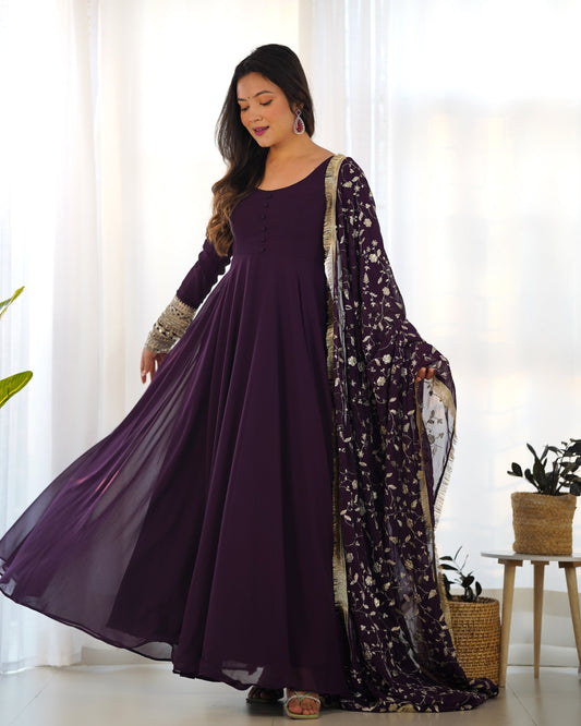 Wine Pure Soft Fox Georgette Anarkali Suit Set With Huge Flair, Dupatta & Pant