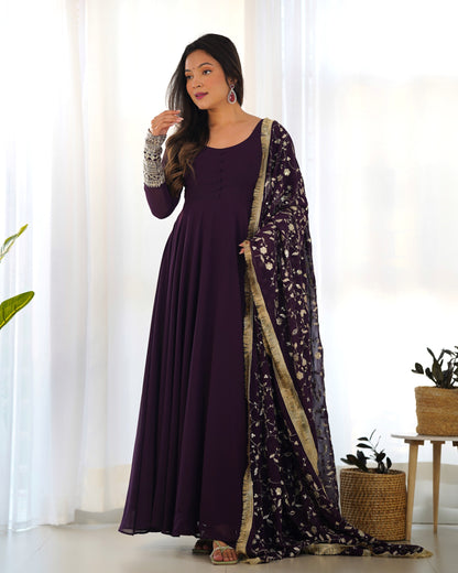 Wine Pure Soft Fox Georgette Anarkali Suit Set With Huge Flair, Dupatta & Pant