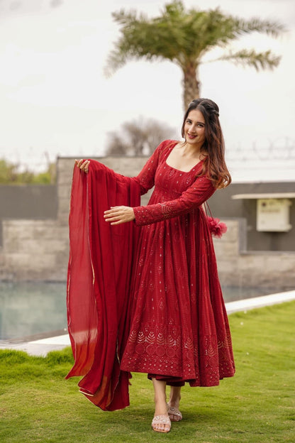 Maroon Embroidered Georgette Suit Set