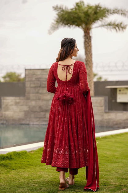 Maroon Embroidered Georgette Suit Set