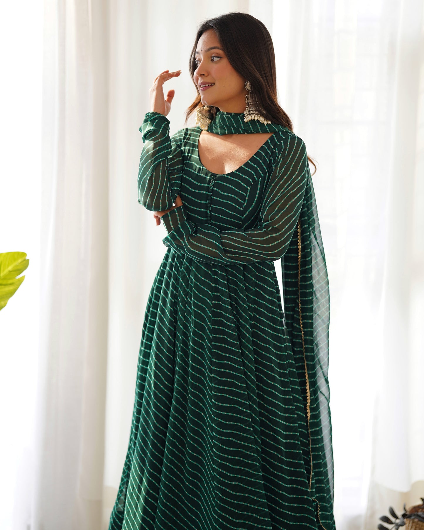 Dark Green Pure Soft Fox Georgette Anarkali Suit Set With Huge Flair, Dupatta & Pant