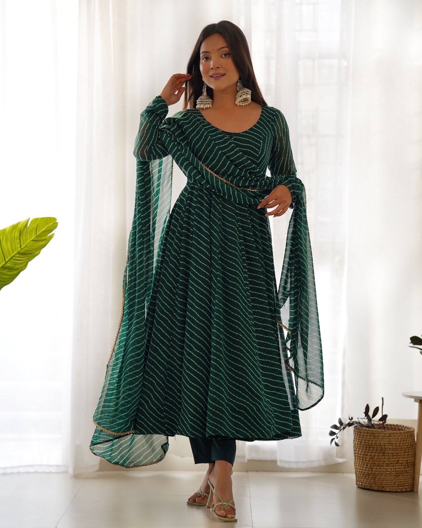 Dark Green Pure Soft Fox Georgette Anarkali Suit Set With Huge Flair, Dupatta & Pant