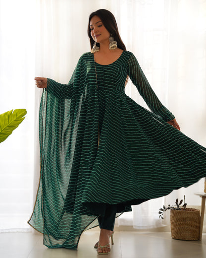 Dark Green Pure Soft Fox Georgette Anarkali Suit Set With Huge Flair, Dupatta & Pant