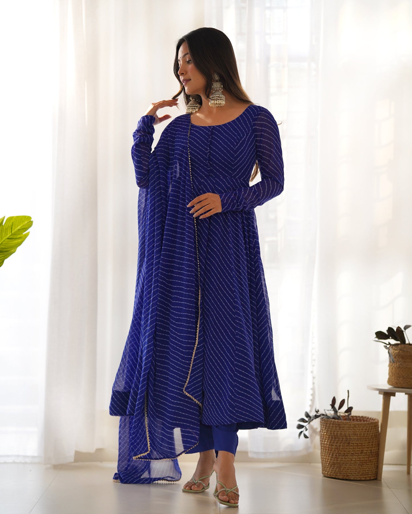 Royal Blue Pure Soft Fox Georgette Anarkali Suit Set With Huge Flair, Dupatta & Pant