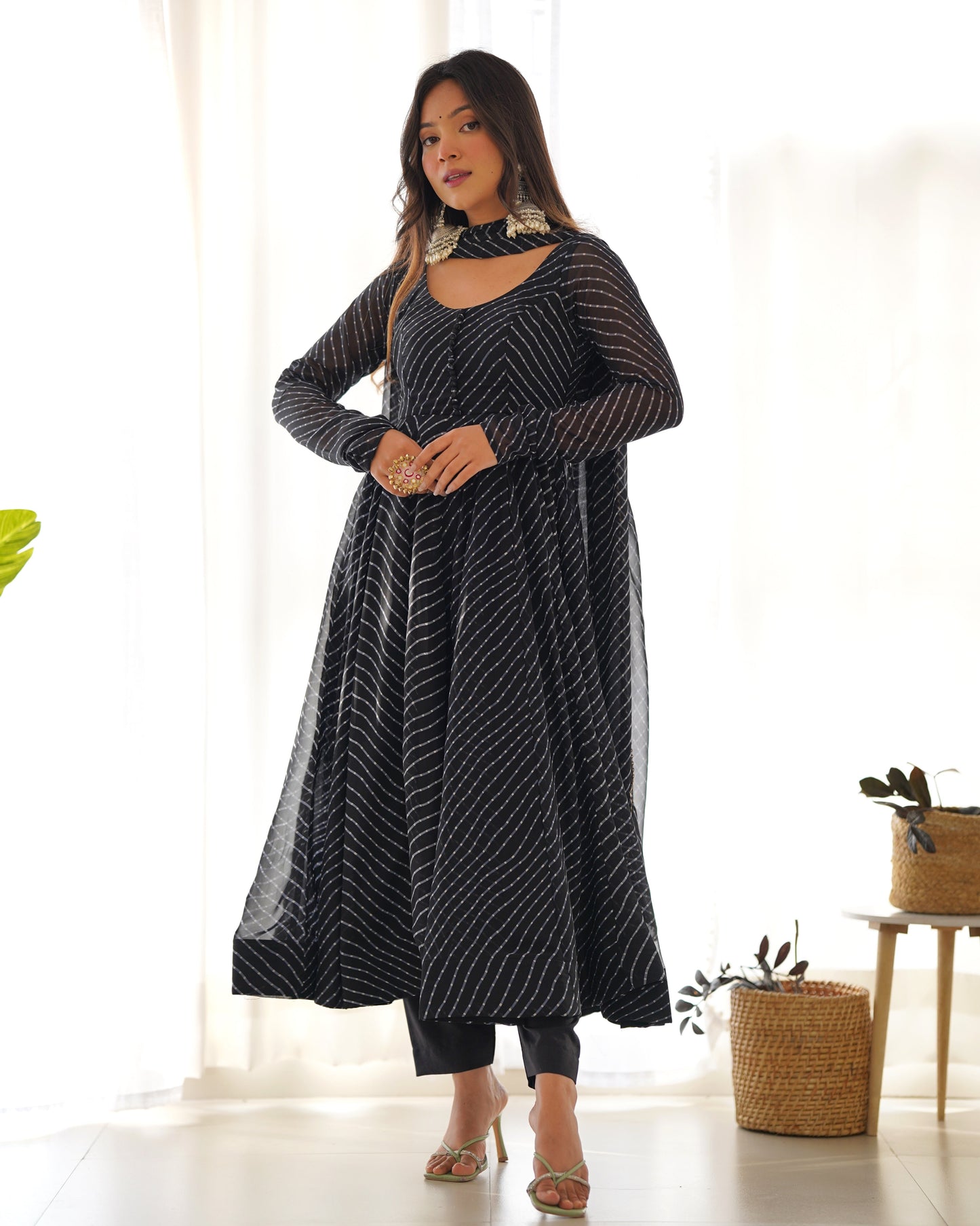 Black Pure Soft Fox Georgette Anarkali Suit Set With Huge Flair, Dupatta & Pant