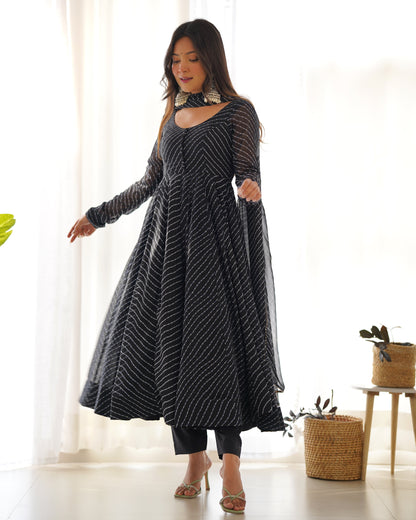 Black Pure Soft Fox Georgette Anarkali Suit Set With Huge Flair, Dupatta & Pant