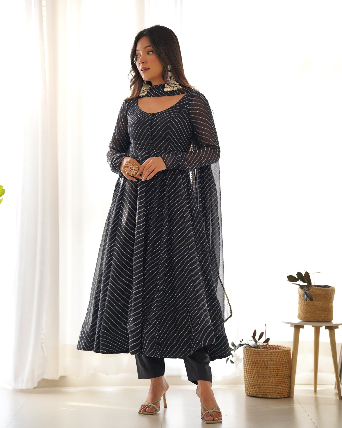 Black Pure Soft Fox Georgette Anarkali Suit Set With Huge Flair, Dupatta & Pant