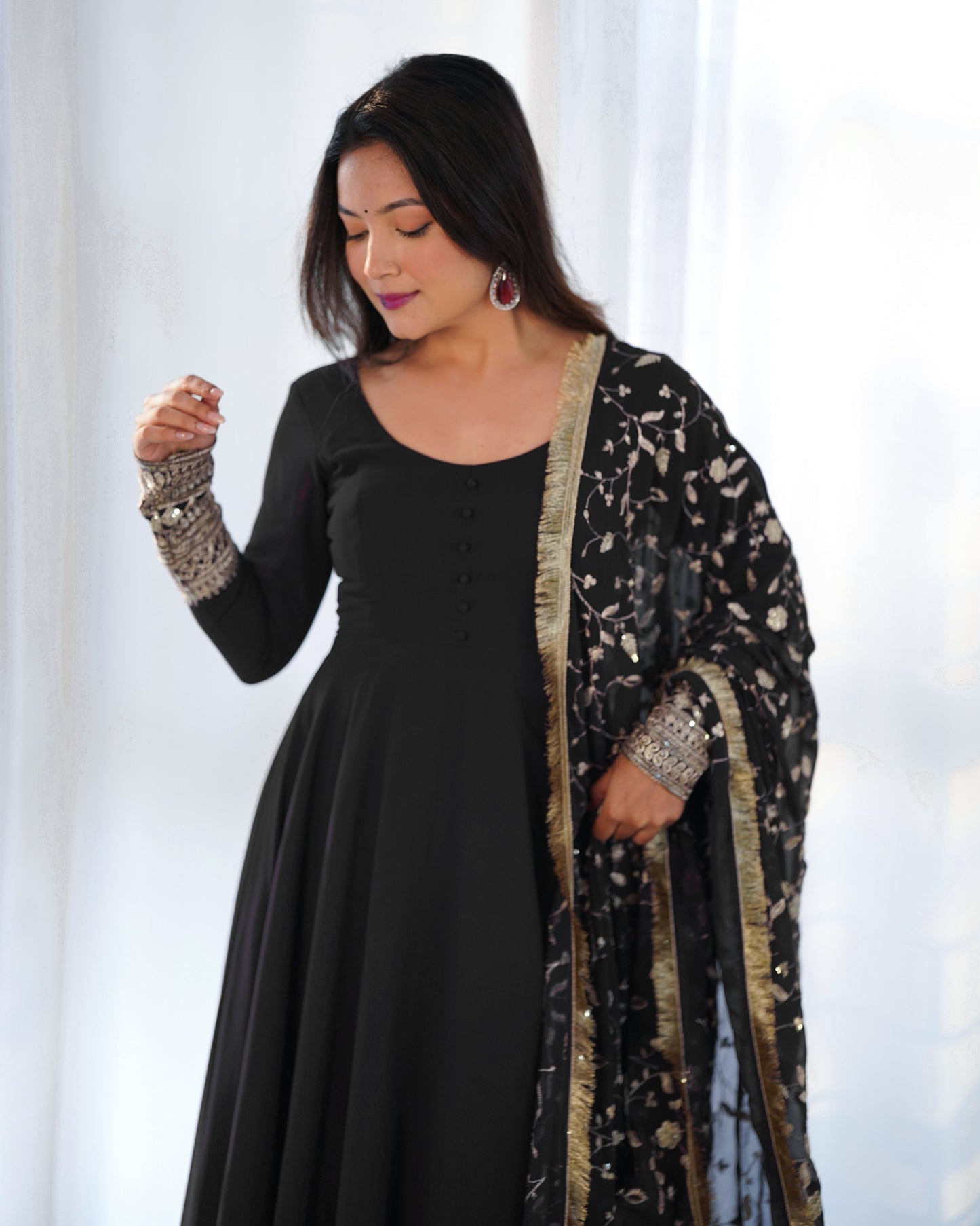 Black Pure Soft Fox Georgette Anarkali Suit Set With Huge Flair, Dupatta & Pant