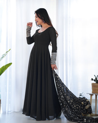 Black Pure Soft Fox Georgette Anarkali Suit Set With Huge Flair, Dupatta & Pant