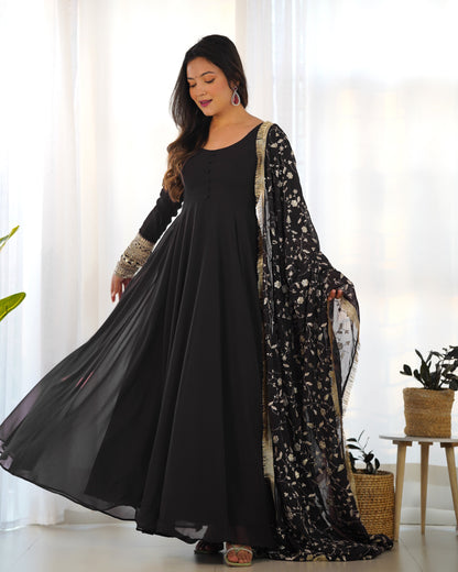 Black Pure Soft Fox Georgette Anarkali Suit Set With Huge Flair, Dupatta & Pant