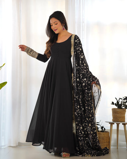 Black Pure Soft Fox Georgette Anarkali Suit Set With Huge Flair, Dupatta & Pant