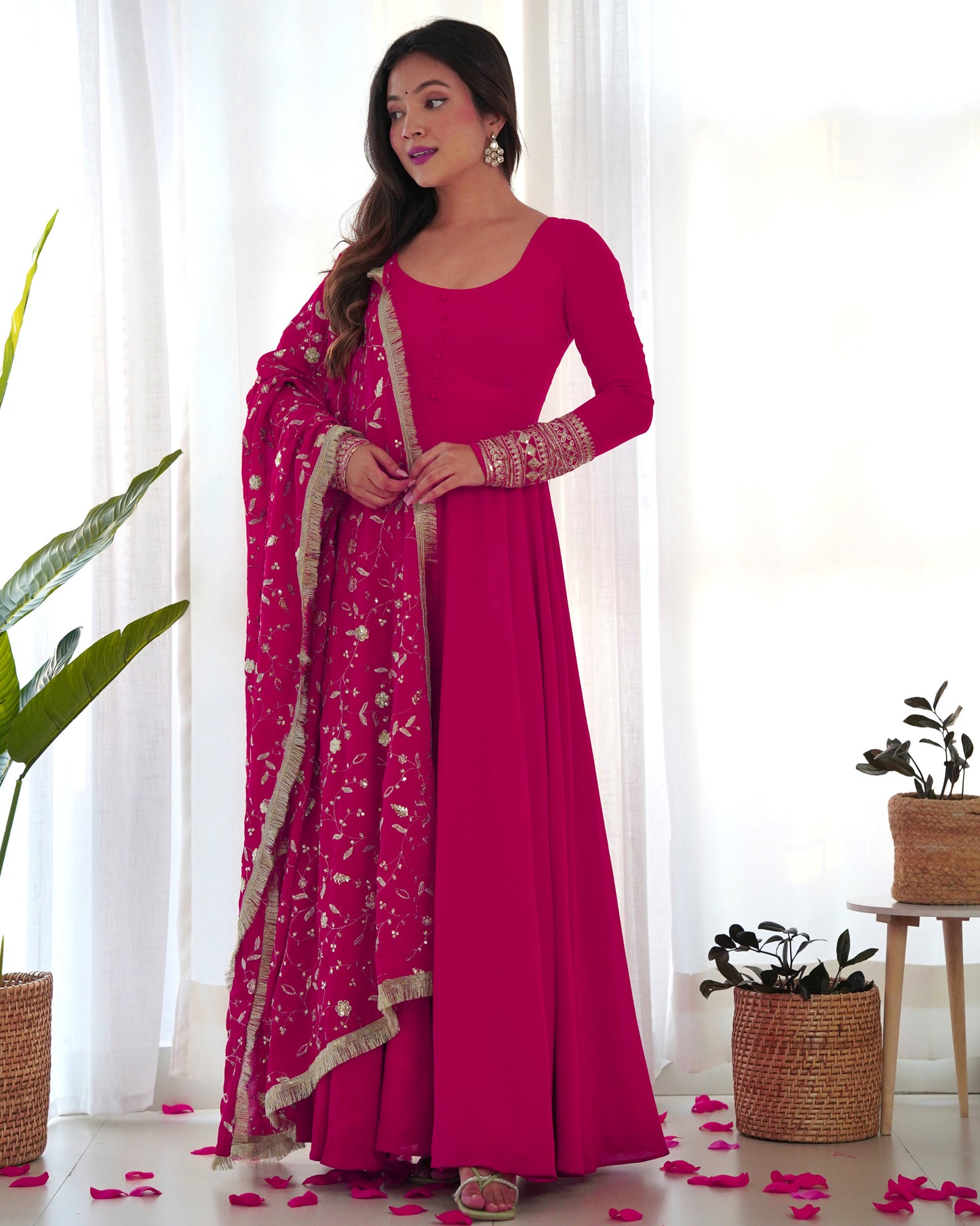 Rani Pink Pure Soft Fox Georgette Anarkali Suit Set With Huge Flair, Dupatta & Pant